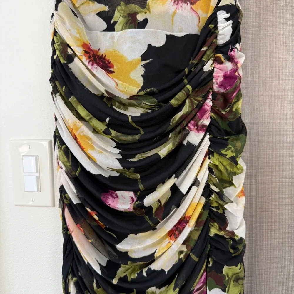Abercrombie & Fitch Black Floral Mesh Off One Shoulder Ruched Maxi Dress Medium